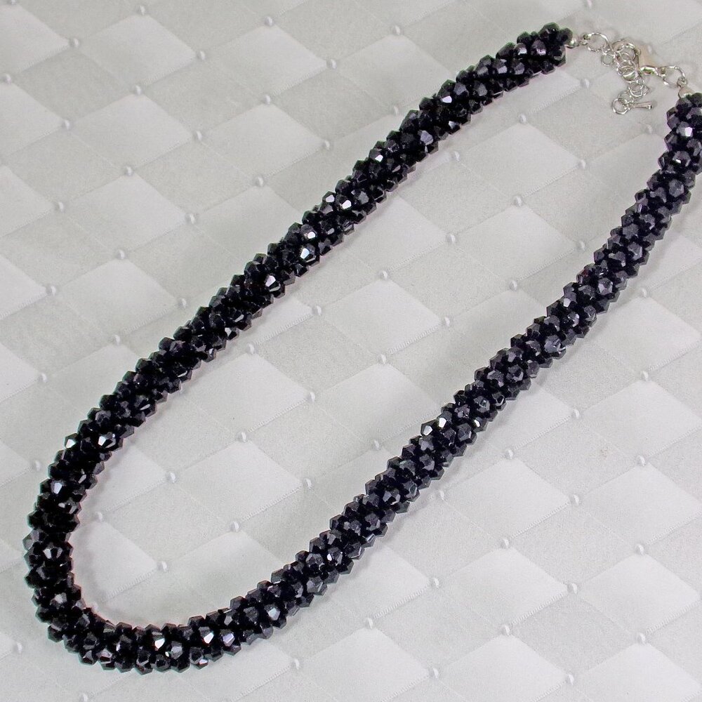 Black all glass bead necklace made in a thick cluster beaded rope design